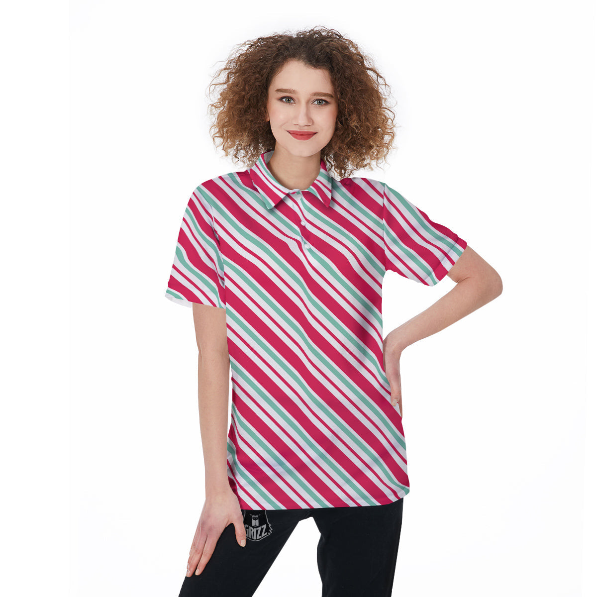 Candy Cane Striped Christmas Print Women's Golf Shirts-grizzshop
