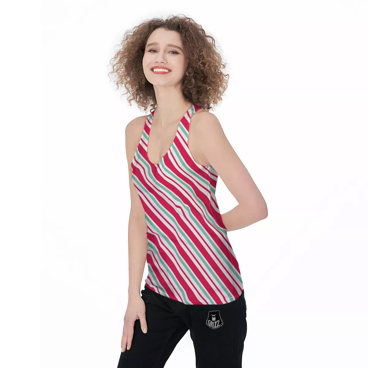 Candy Cane Striped Christmas Print Women's Racerback Tank Top-grizzshop