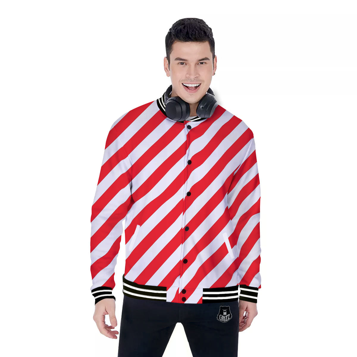 Candy Cane Striped White And Red Print Baseball Jacket-grizzshop