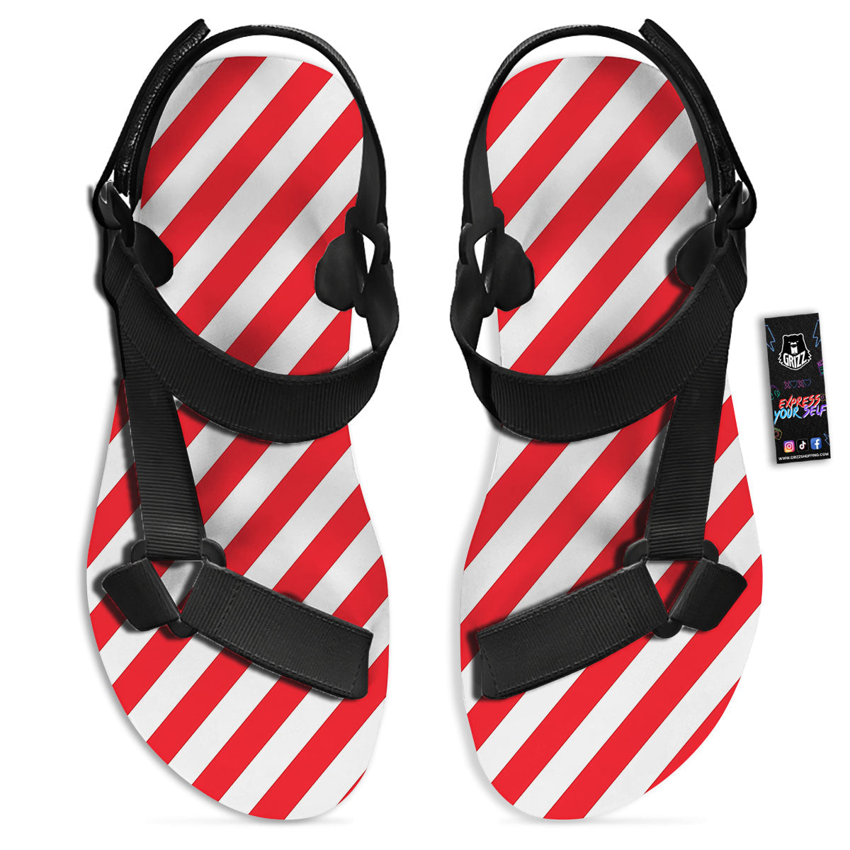 Candy Cane Striped White And Red Print Black Open Toe Sandals-grizzshop