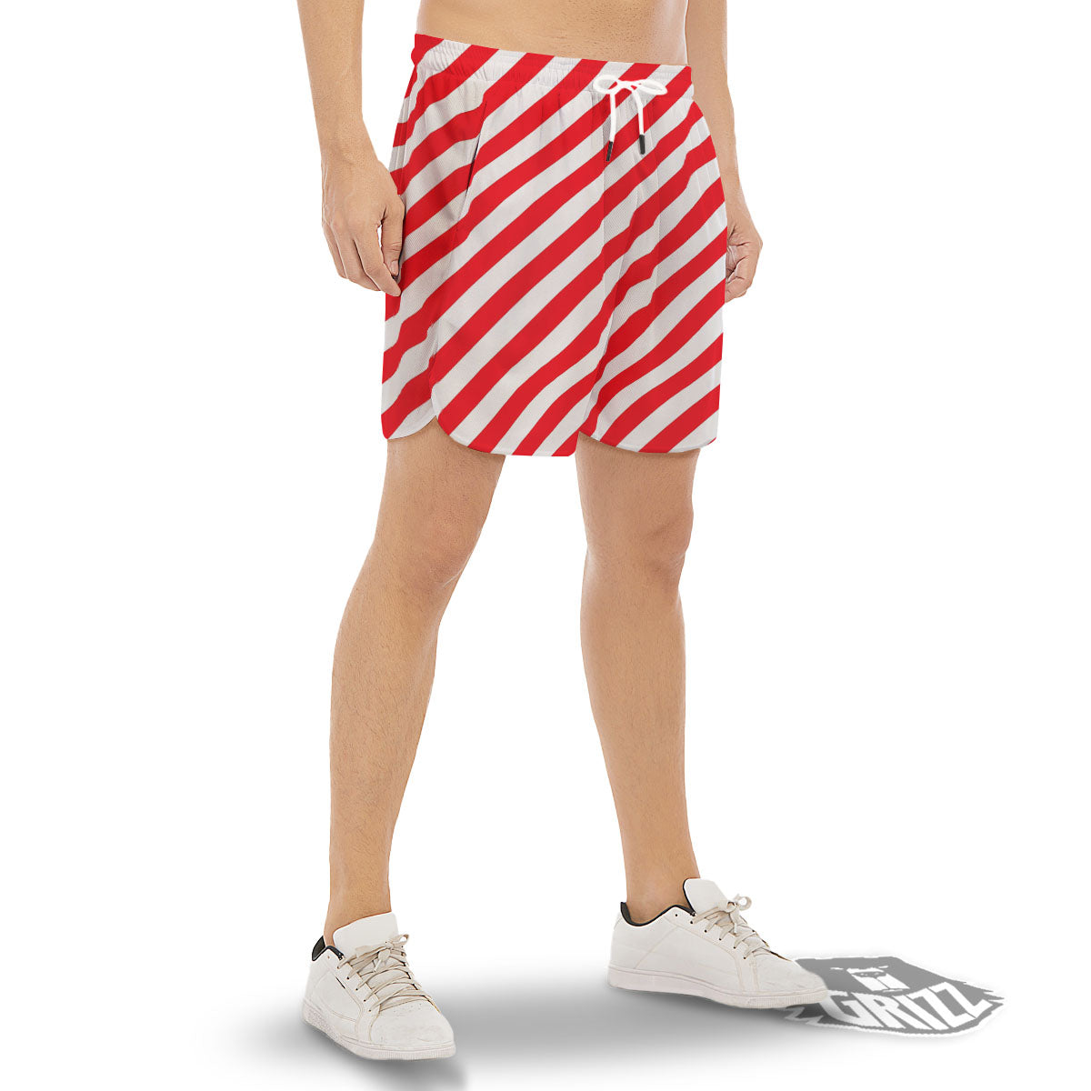 Candy Cane Striped White And Red Print Men's Gym Shorts-grizzshop