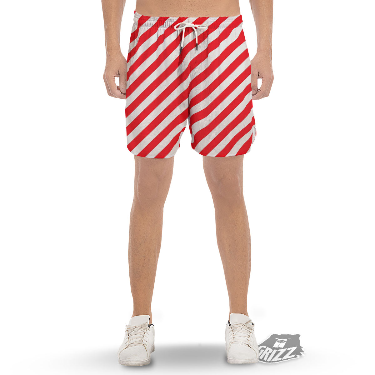 Candy Cane Striped White And Red Print Men's Gym Shorts-grizzshop