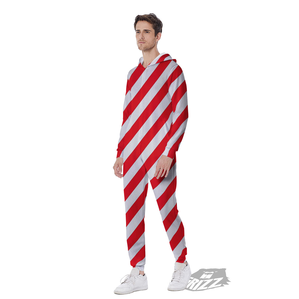 Candy Cane Striped White And Red Print Men's Jumpsuit-grizzshop