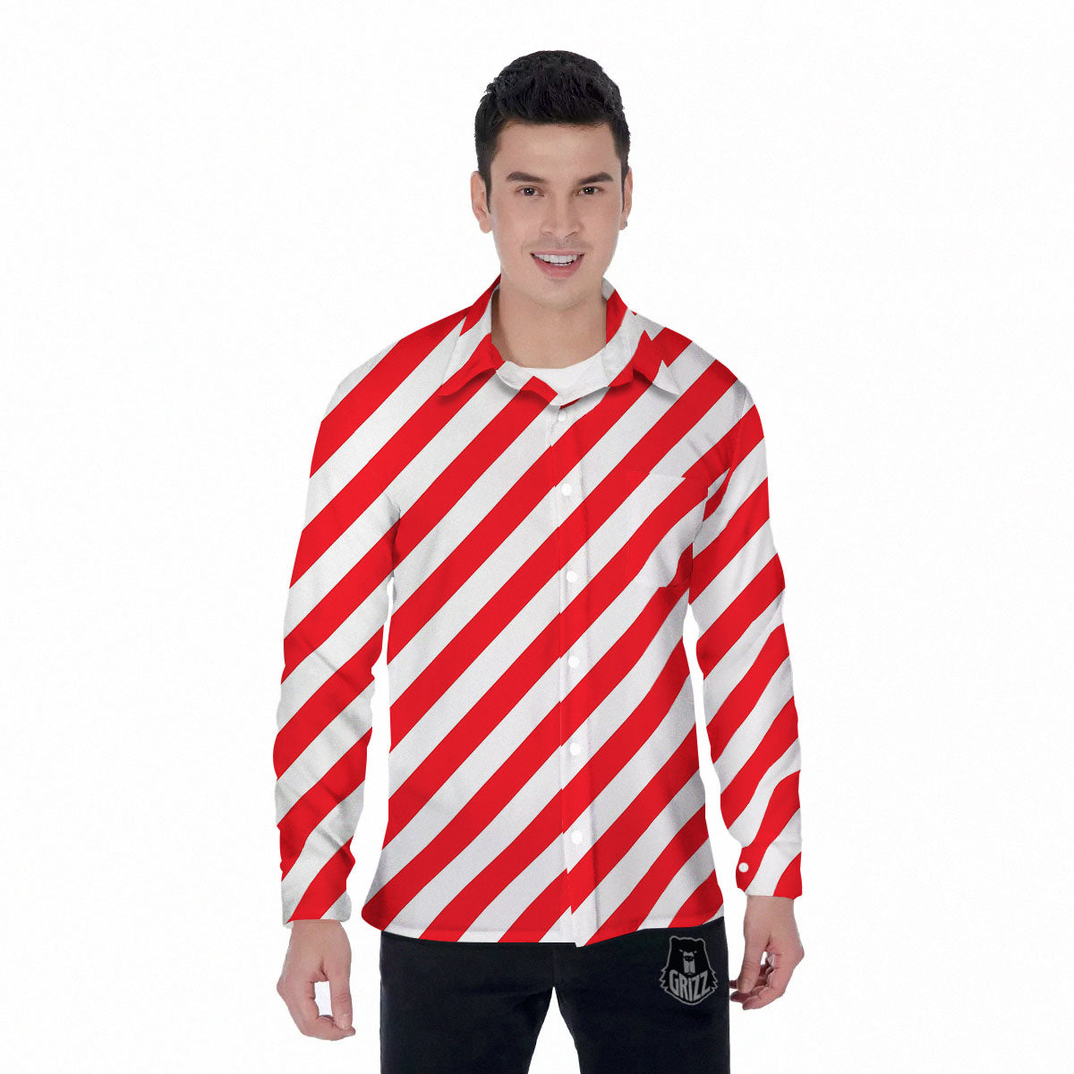 Candy Cane Striped White And Red Print Men's Long Sleeve Shirts-grizzshop