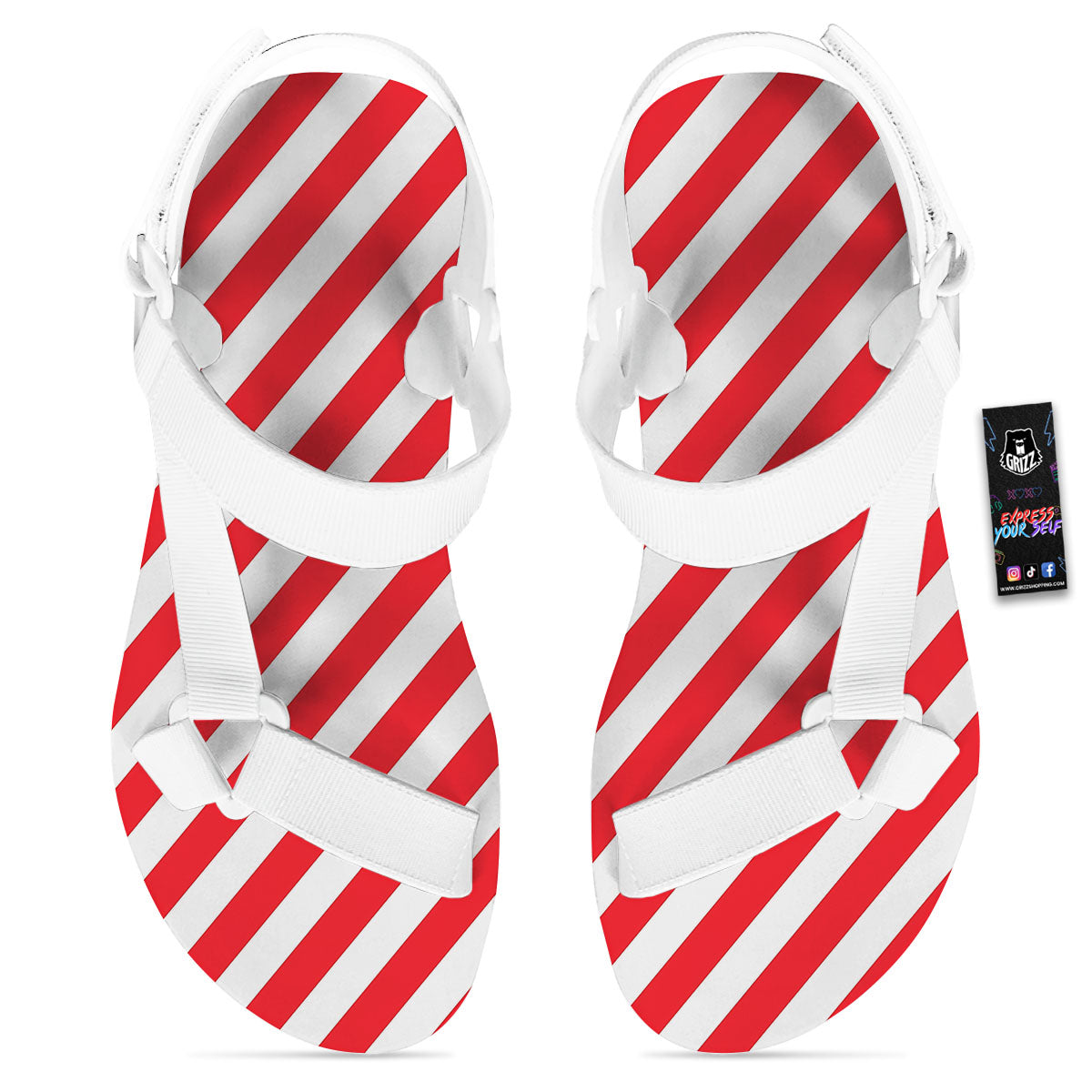 Candy Cane Striped White And Red Print White Open Toe Sandals-grizzshop