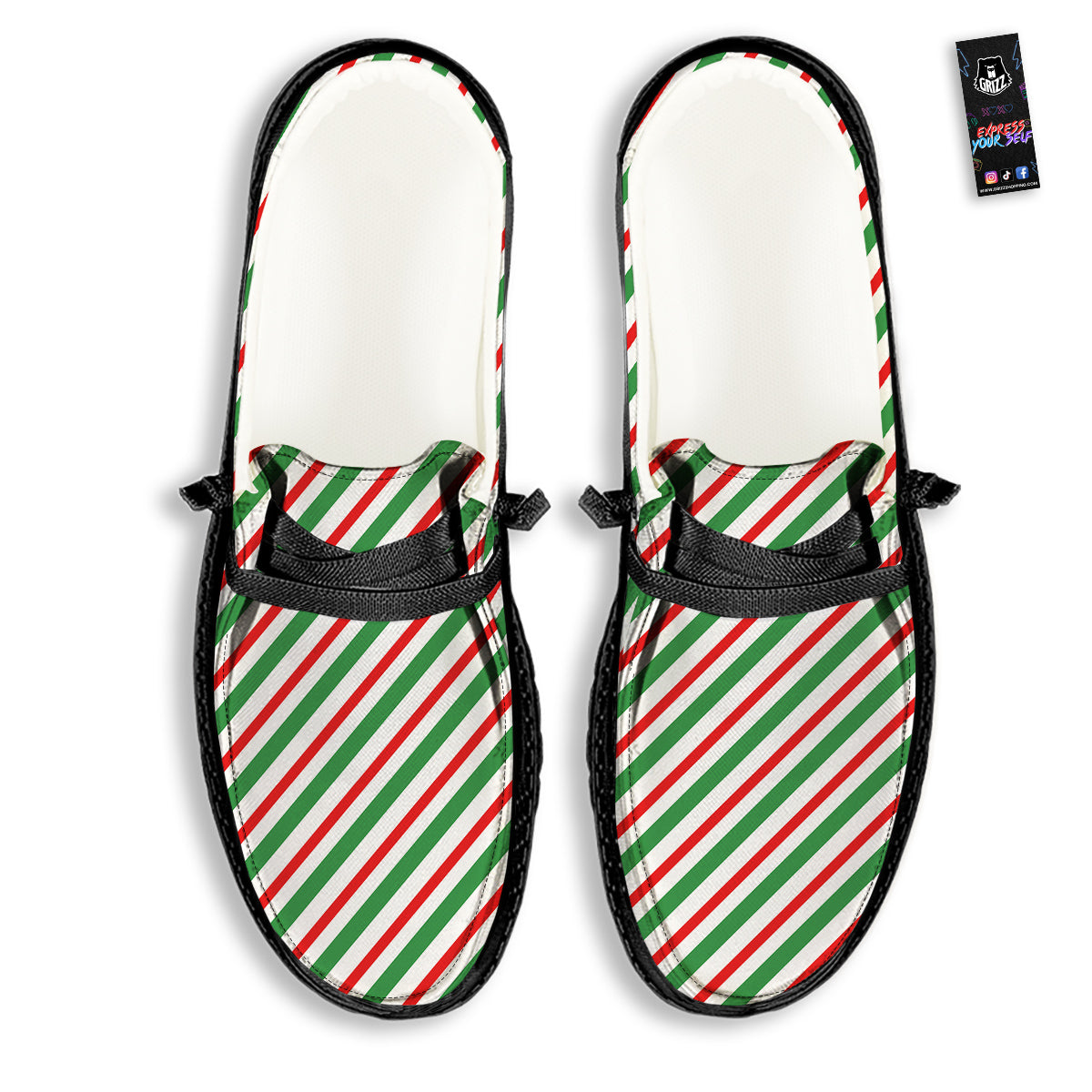 Candy Cane Stripes Christmas Print Black Loafers-grizzshop