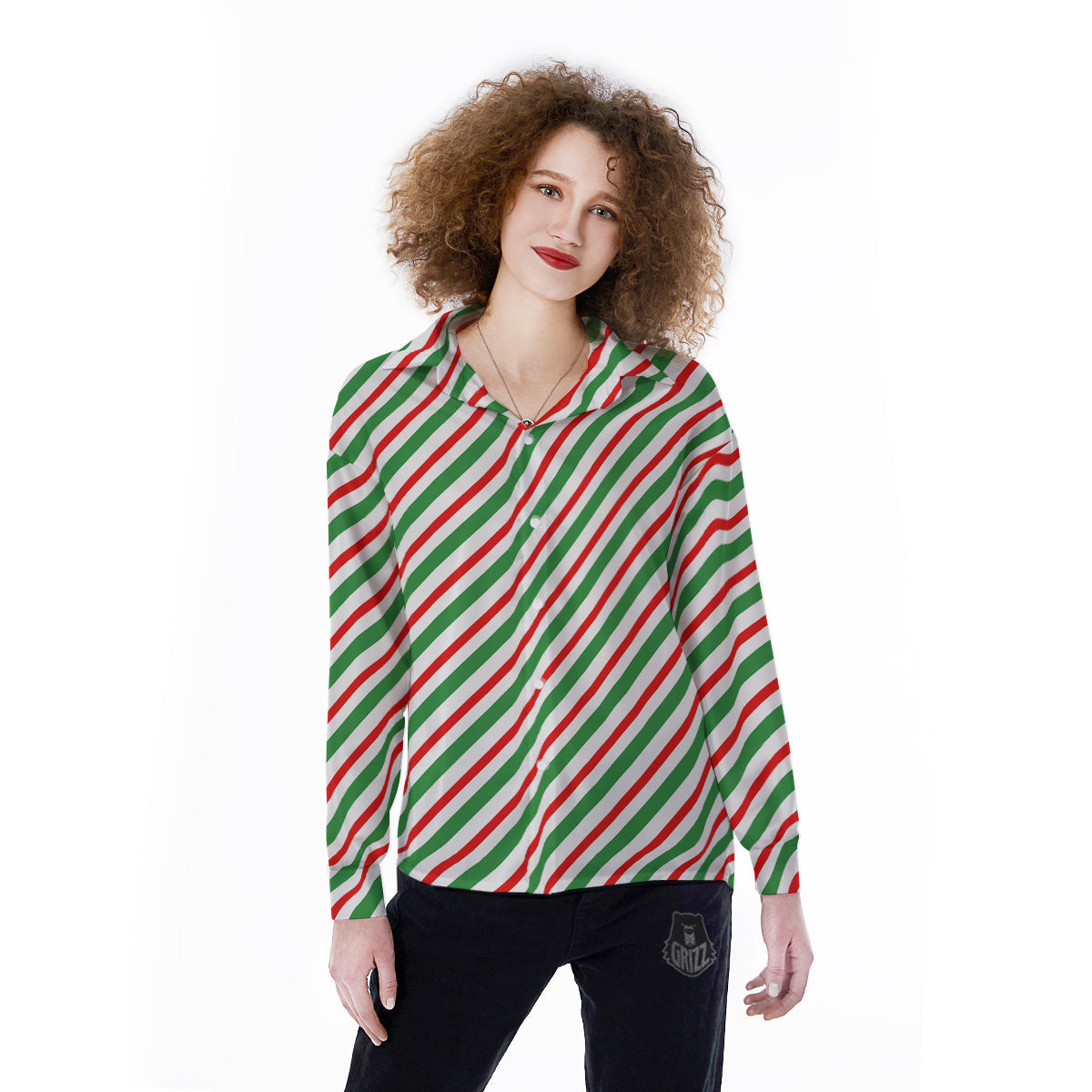 Candy Cane Stripes Christmas Print Women's Long Sleeve Shirts-grizzshop