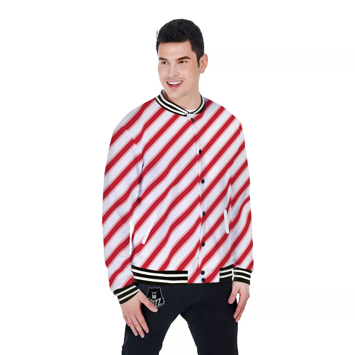 Candy Cane Stripes White And Red Print Baseball Jacket-grizzshop