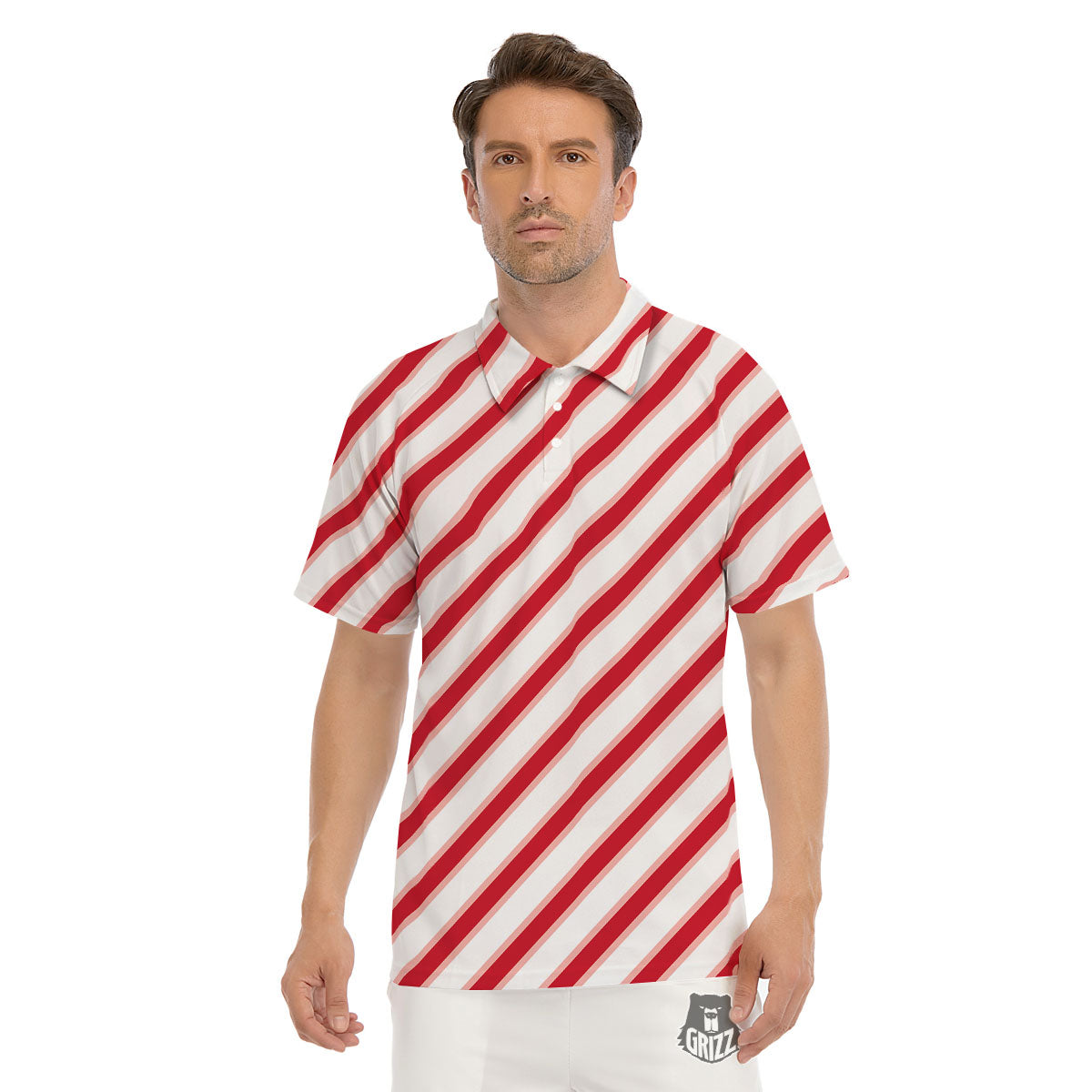 Candy Cane Stripes White And Red Print Men's Golf Shirts-grizzshop