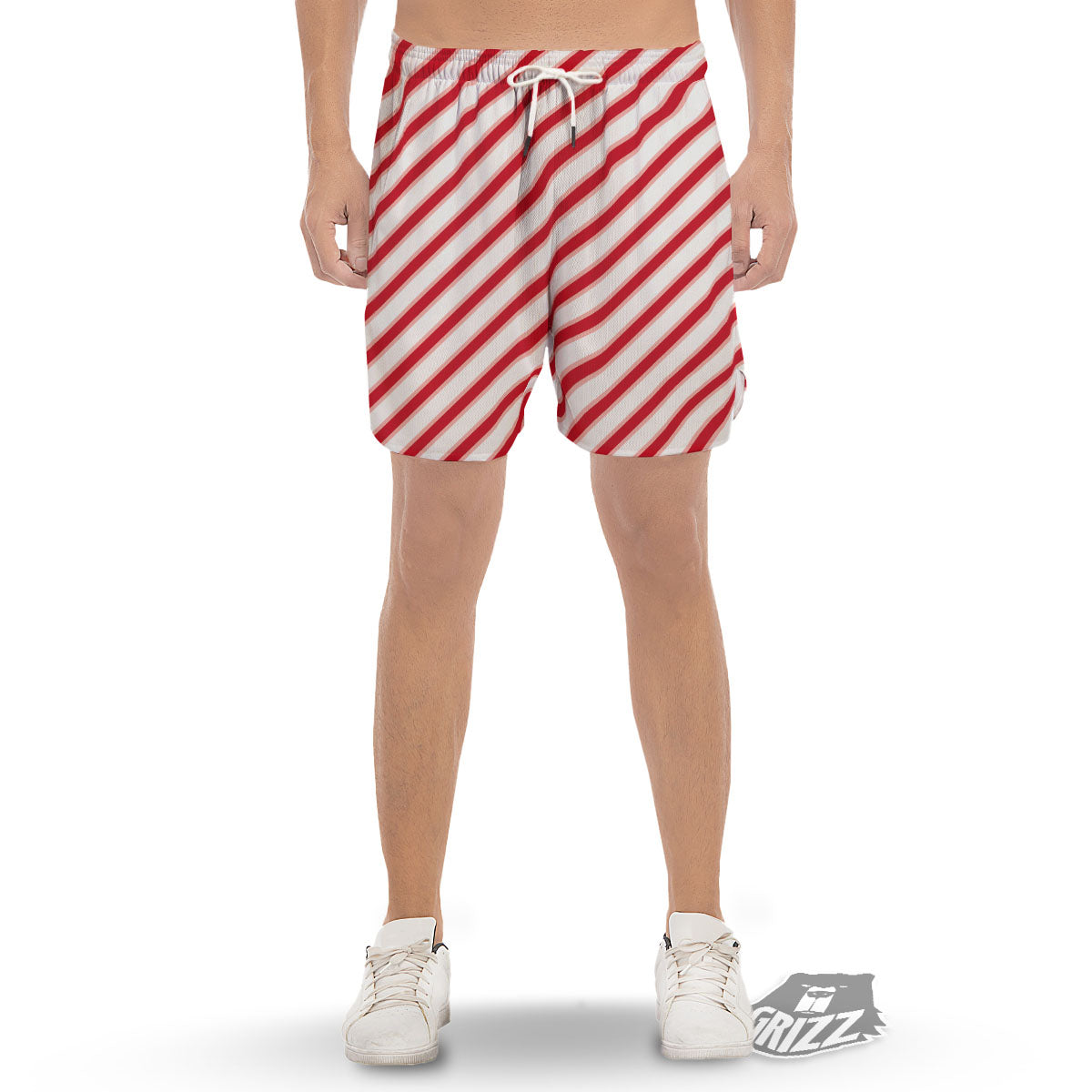 Candy Cane Stripes White And Red Print Men's Gym Shorts-grizzshop