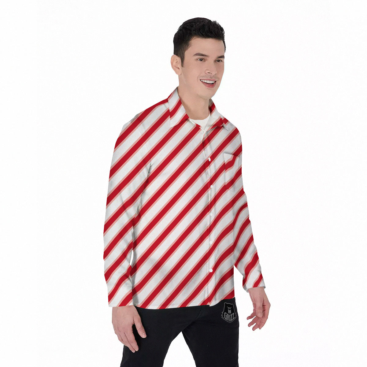 Candy Cane Stripes White And Red Print Men's Long Sleeve Shirts-grizzshop