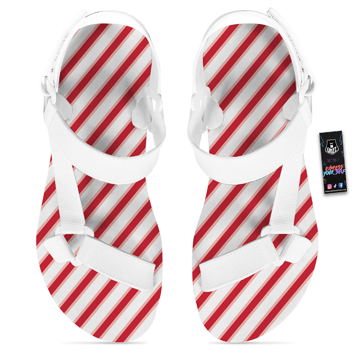 Candy Cane Stripes White And Red Print White Open Toe Sandals-grizzshop