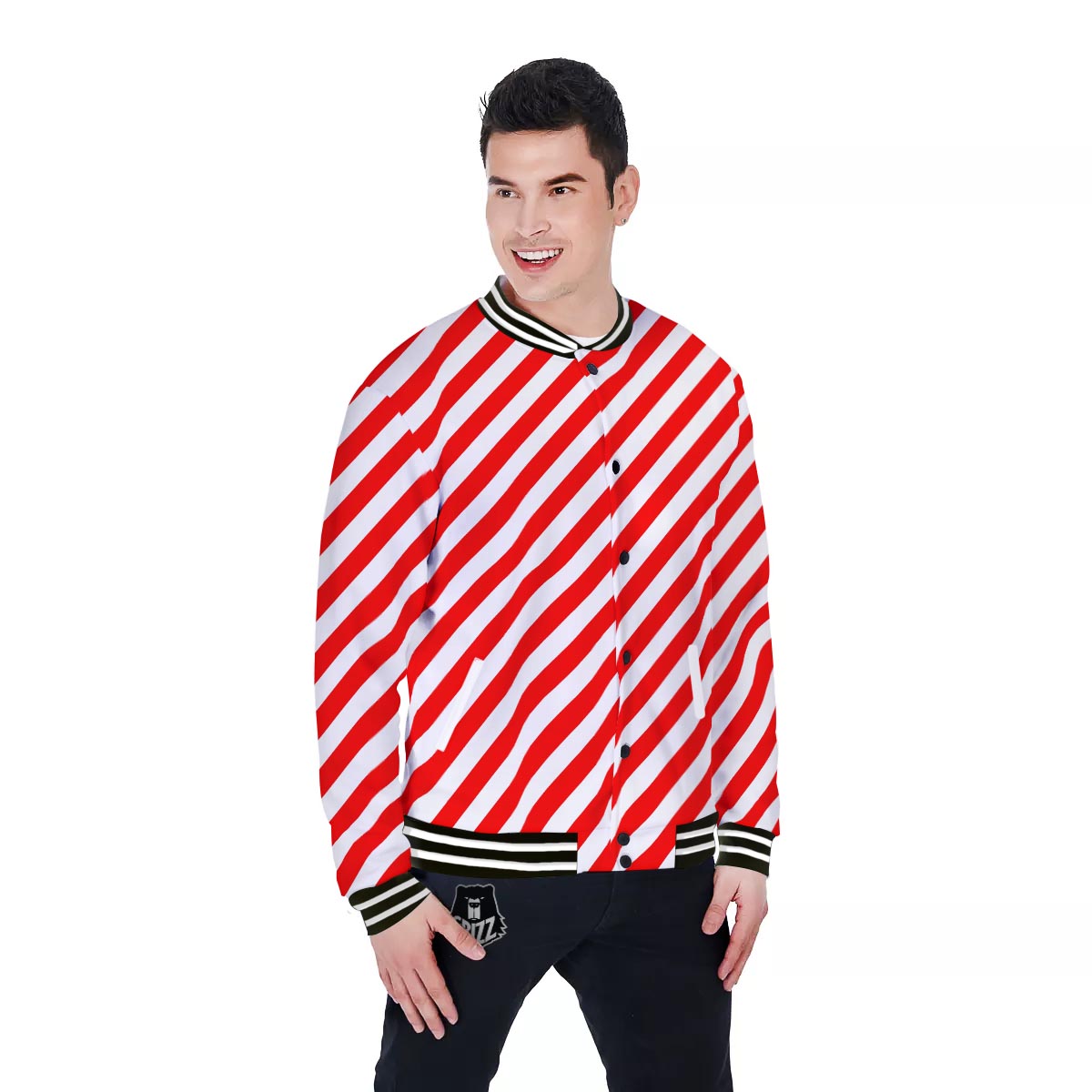 Candy Cane White And Red Print Pattern Baseball Jacket-grizzshop