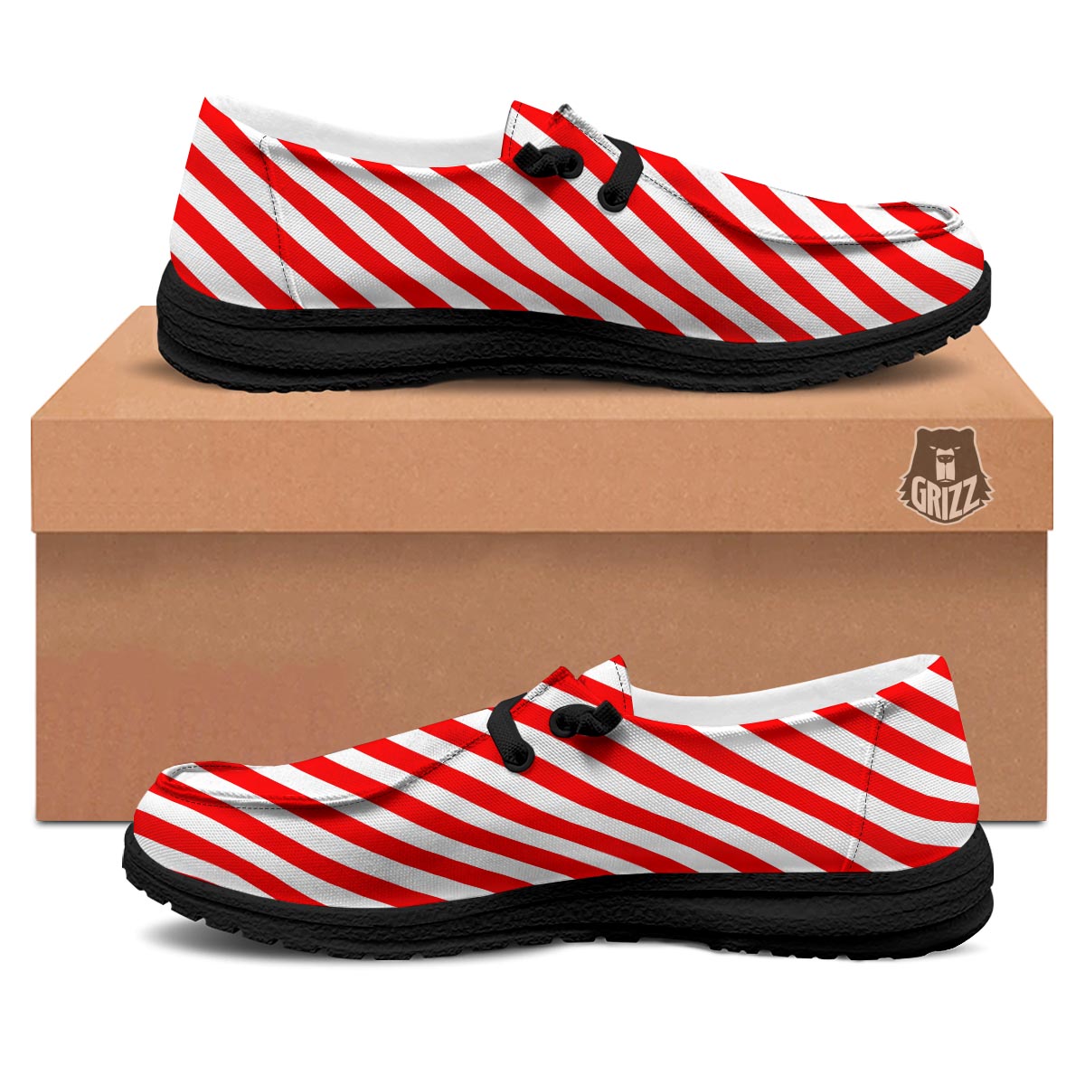 Candy Cane White And Red Print Pattern Black Loafers-grizzshop