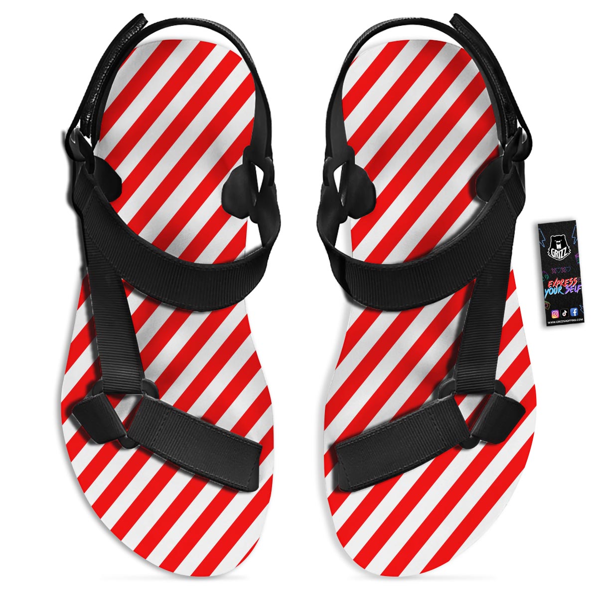 Candy Cane White And Red Print Pattern Black Open Toe Sandals-grizzshop
