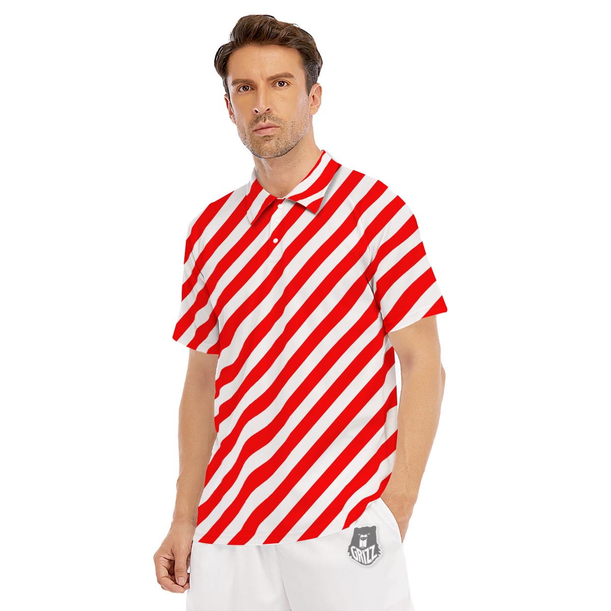 Candy Cane White And Red Print Pattern Men's Golf Shirts-grizzshop