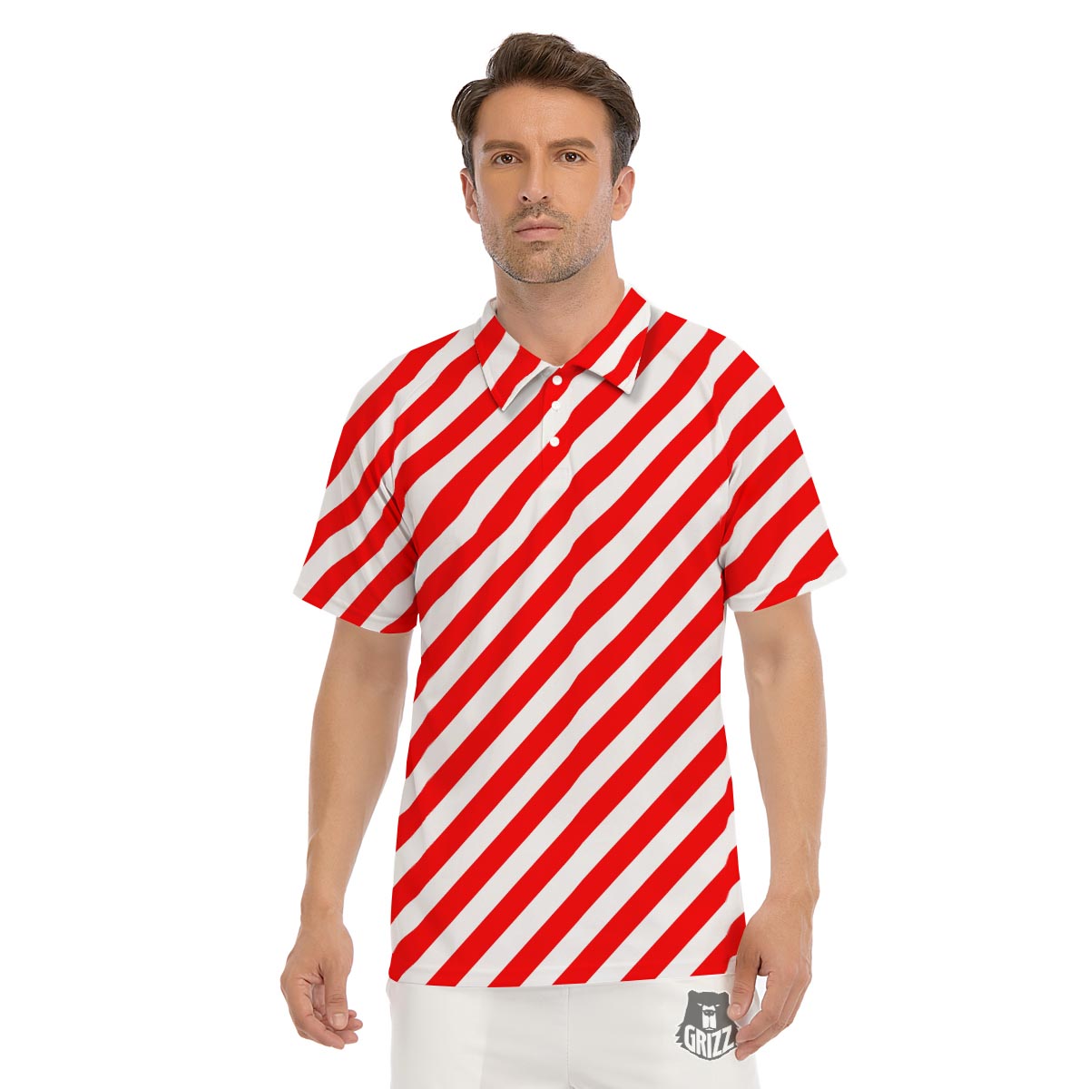 Candy Cane White And Red Print Pattern Men's Golf Shirts-grizzshop
