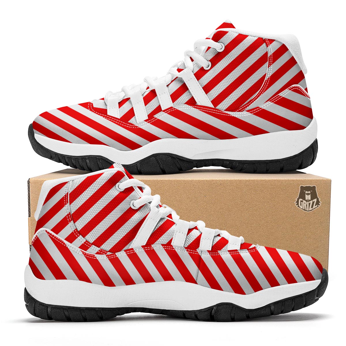Candy Cane White And Red Print Pattern White Bball Shoes-grizzshop