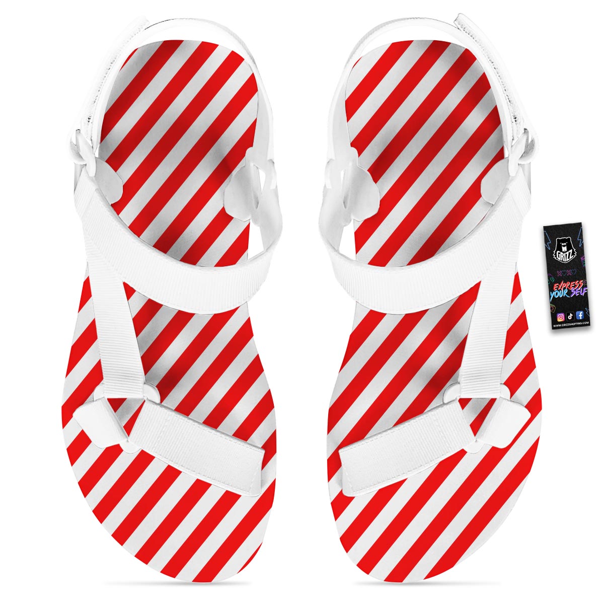 Candy Cane White And Red Print Pattern White Open Toe Sandals-grizzshop