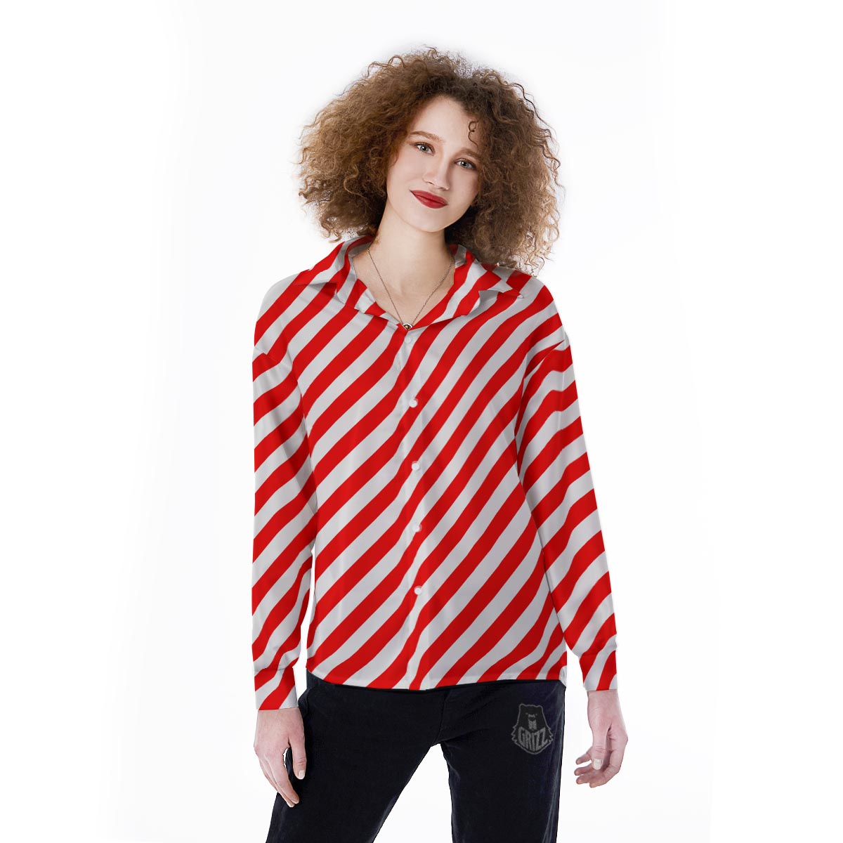 Candy Cane White And Red Print Pattern Women's Long Sleeve Shirts-grizzshop