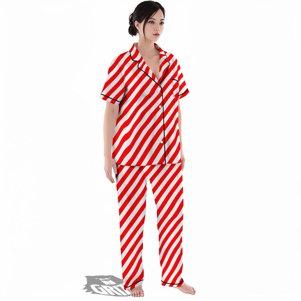 Candy Cane White And Red Print Pattern Women's Pajamas Set-grizzshop