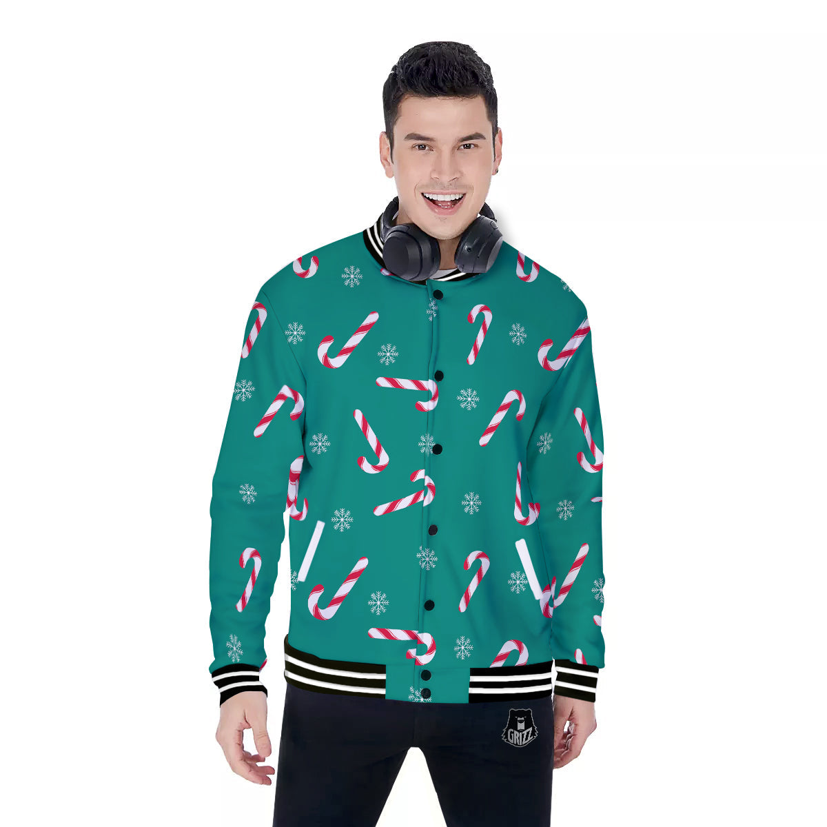 Candy Cane Xmas Print Pattern Baseball Jacket-grizzshop