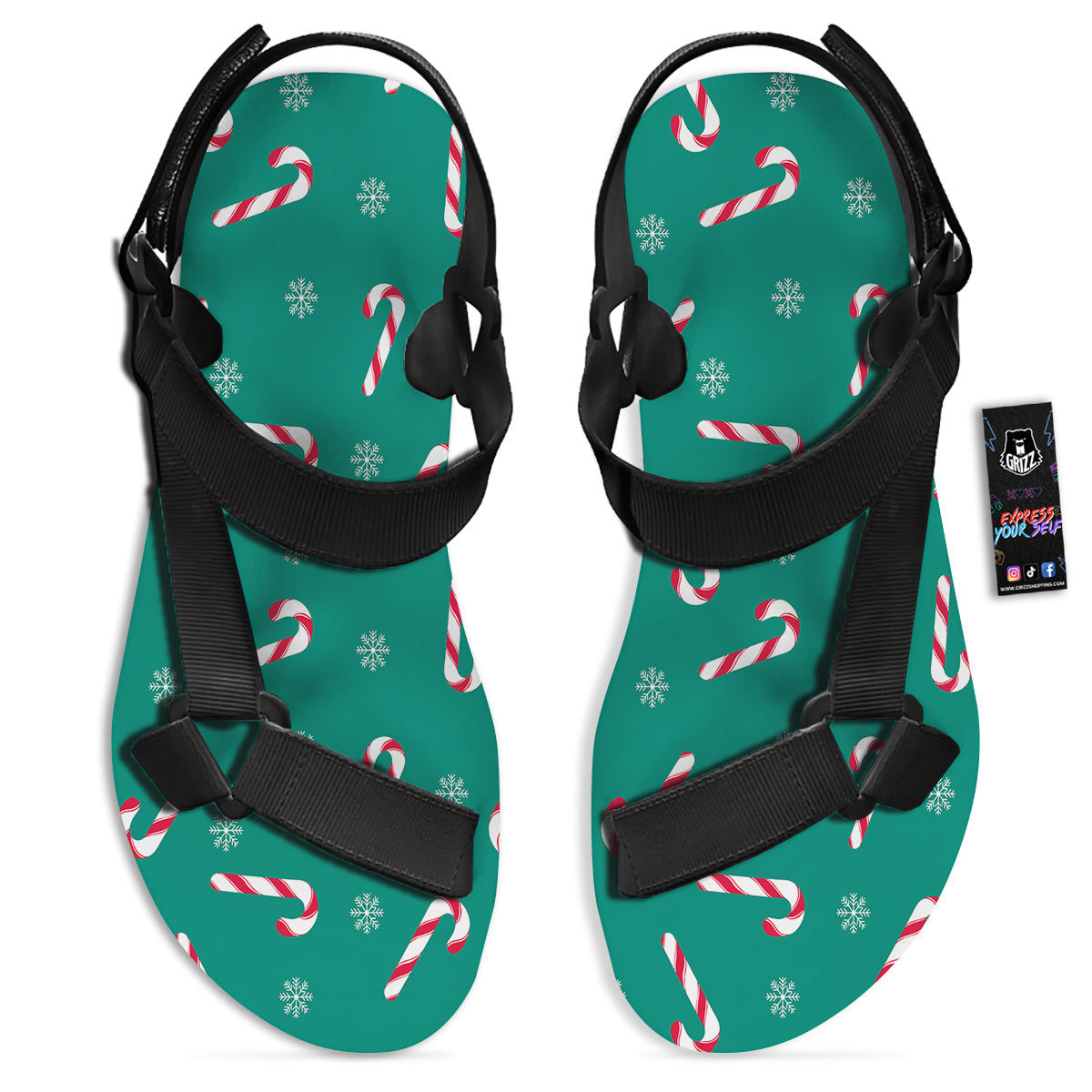 Candy Cane Xmas Print Pattern Black Open Toe Sandals-grizzshop
