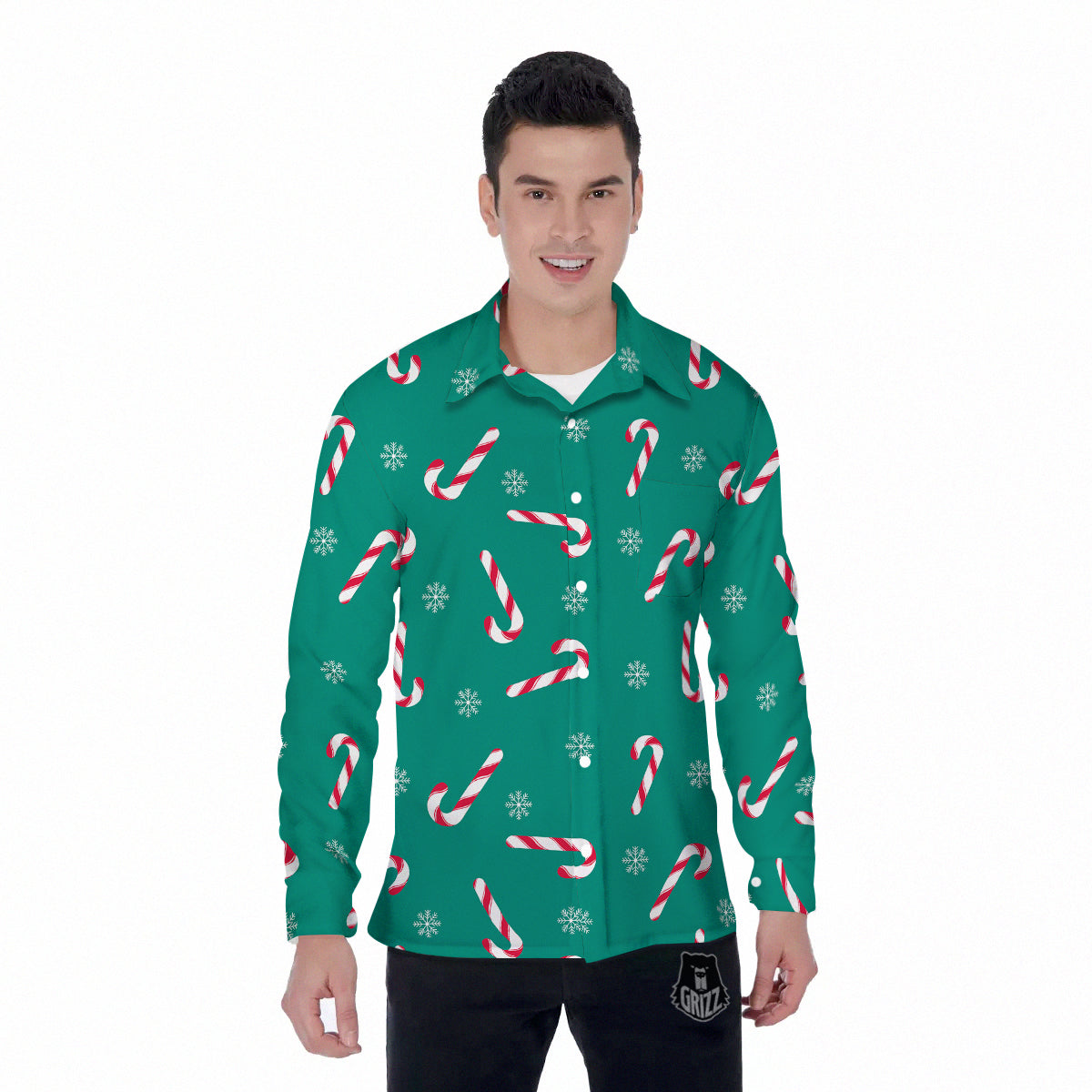 Candy Cane Xmas Print Pattern Men's Long Sleeve Shirts-grizzshop