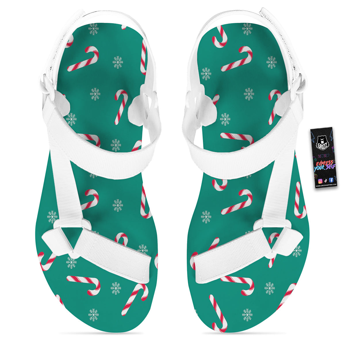 Candy Cane Xmas Print Pattern White Open Toe Sandals-grizzshop