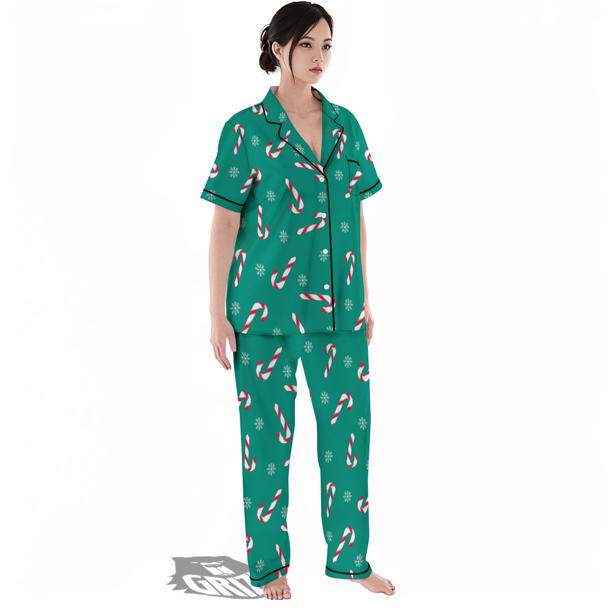 Candy Cane Xmas Print Pattern Women's Pajamas Set-grizzshop