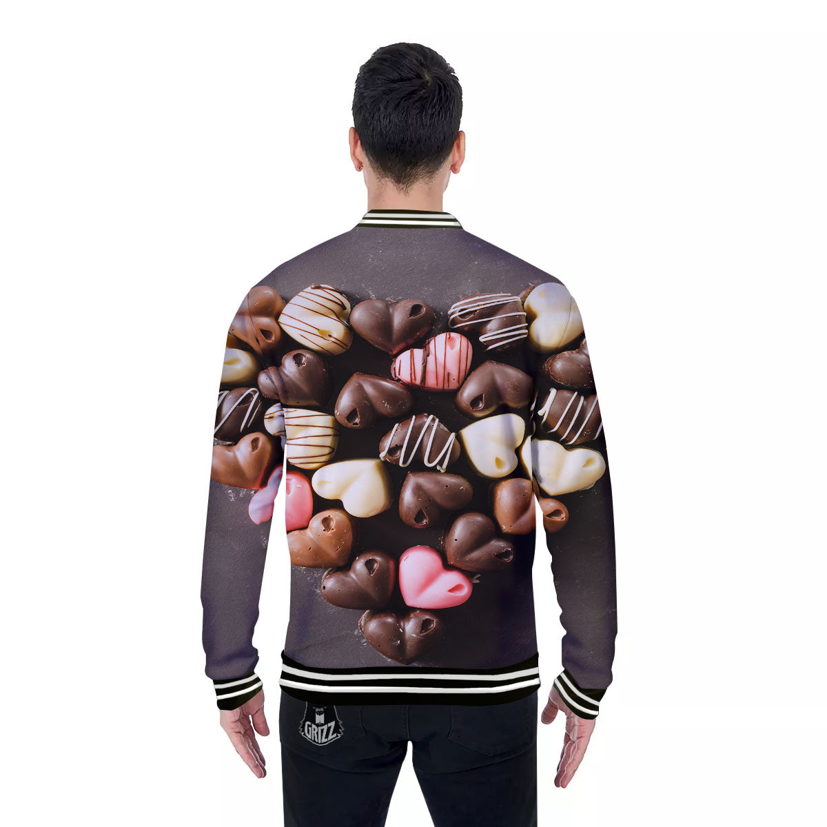 Candy Chocolate Heart Print Baseball Jacket-grizzshop