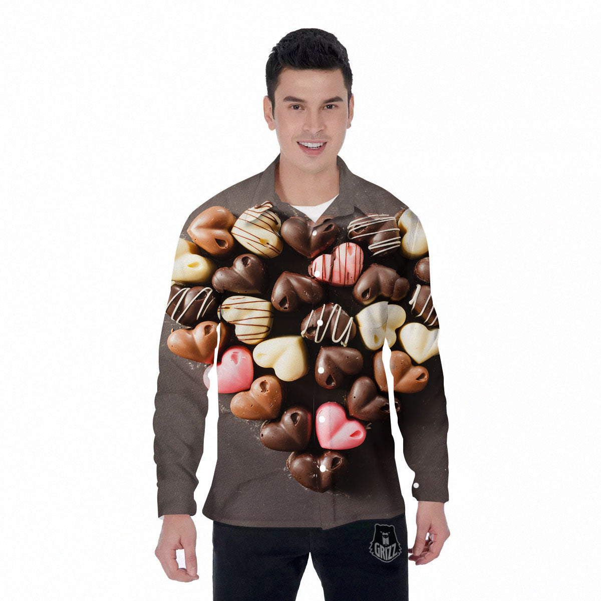Candy Chocolate Heart Print Men's Long Sleeve Shirts-grizzshop