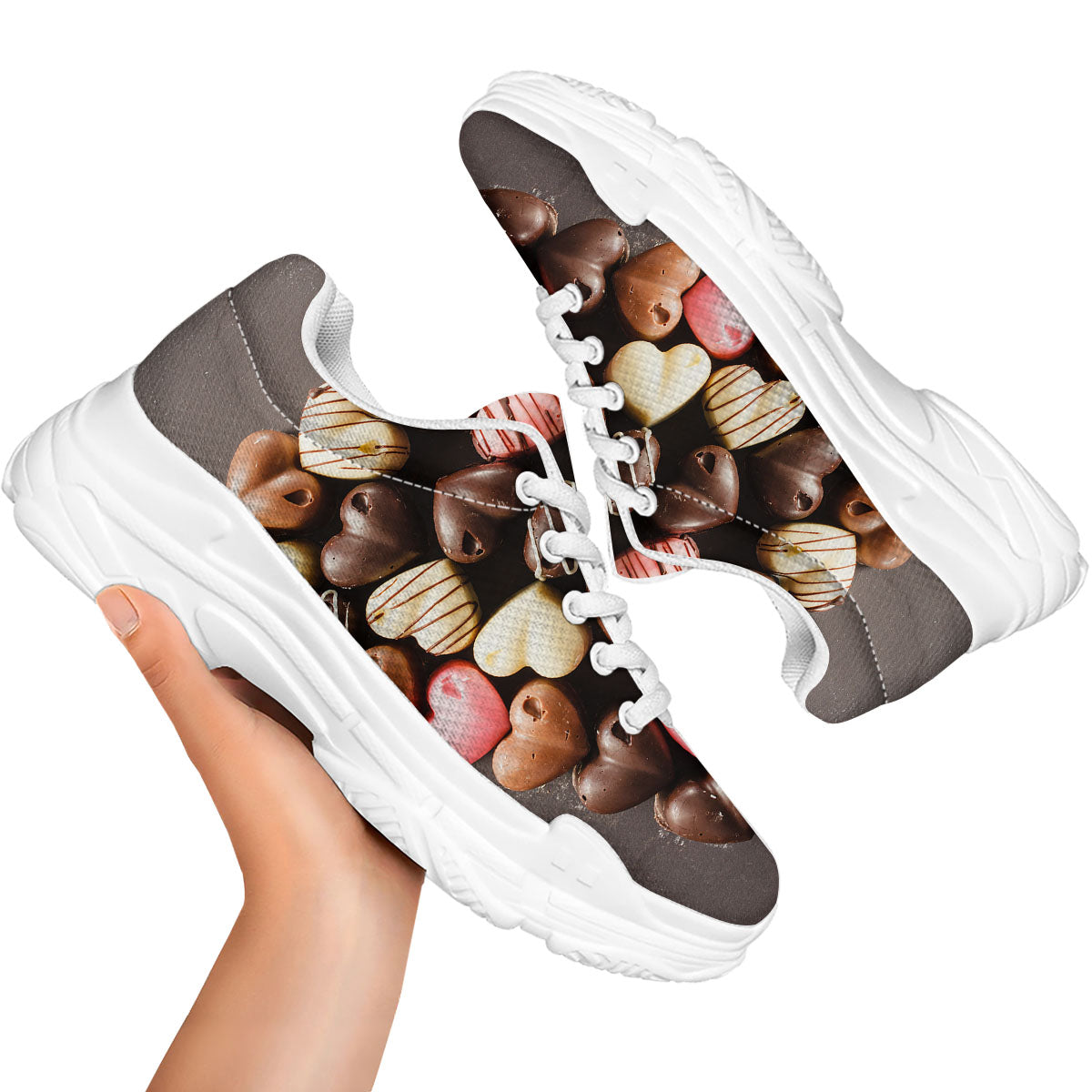 Candy Chocolate Heart Print White Chunky Shoes-grizzshop