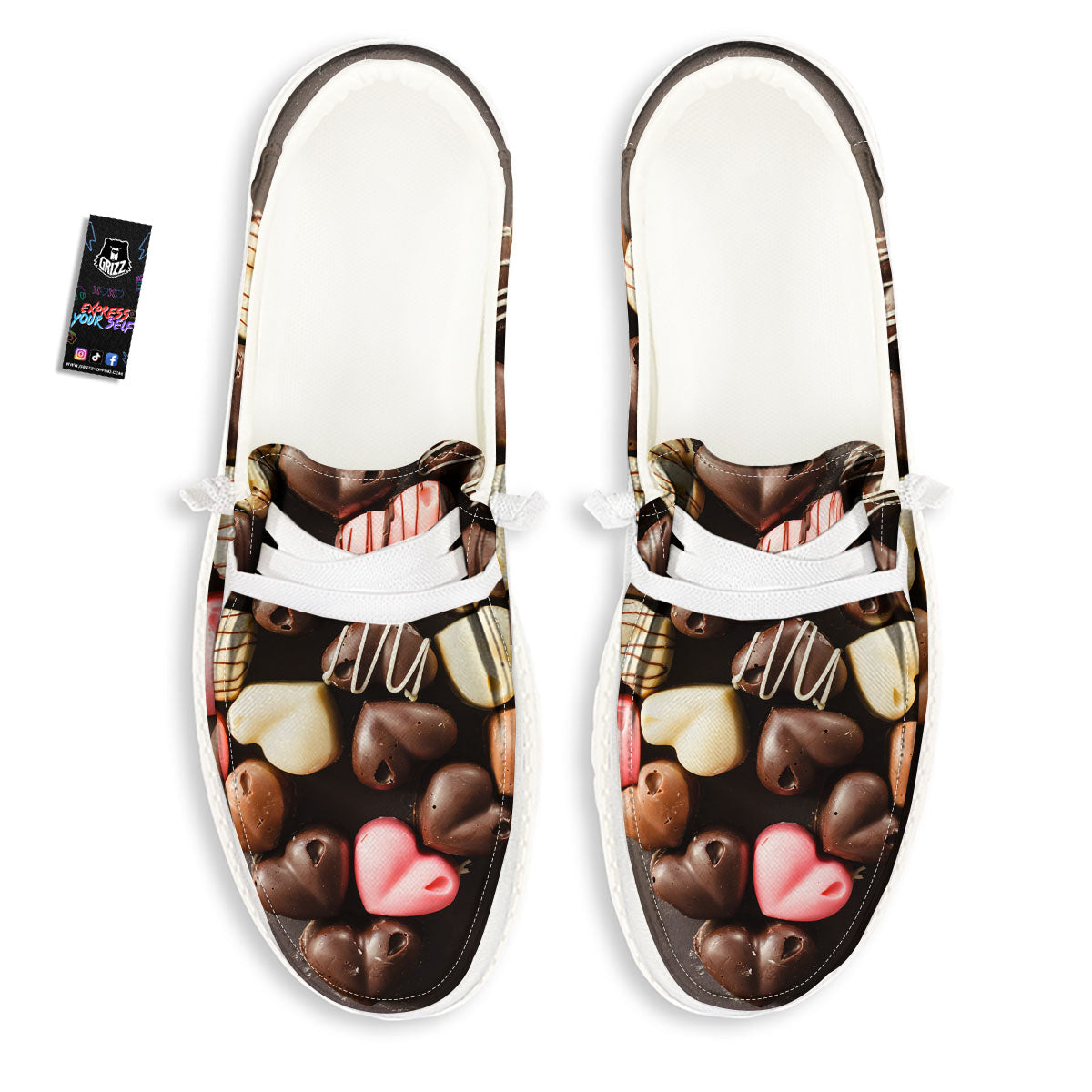 Candy Chocolate Heart Print White Loafers-grizzshop