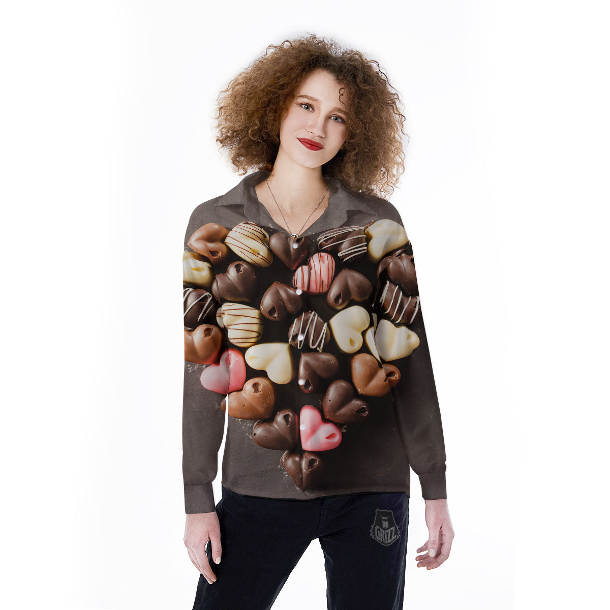 Candy Chocolate Heart Print Women's Long Sleeve Shirts-grizzshop
