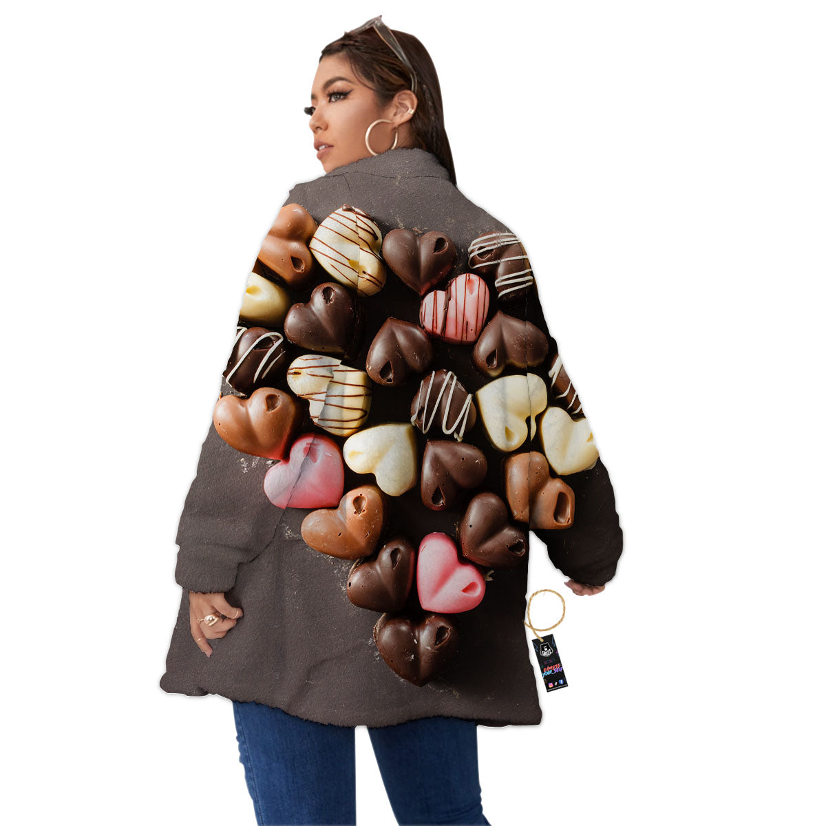 Candy Chocolate Heart Print Women's Sherpa Jacket-grizzshop