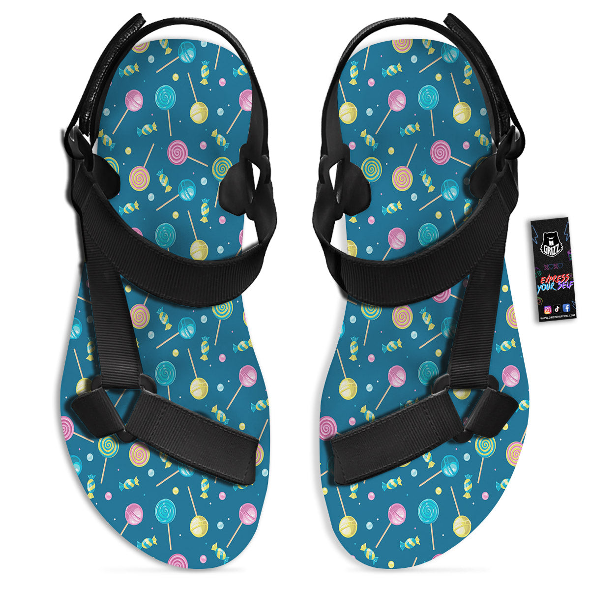Candy Cute Print Pattern Black Open Toe Sandals-grizzshop