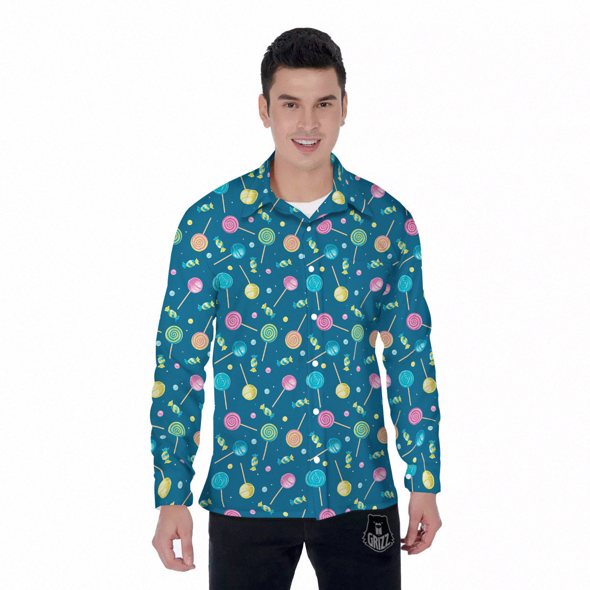 Candy Cute Print Pattern Men's Long Sleeve Shirts-grizzshop