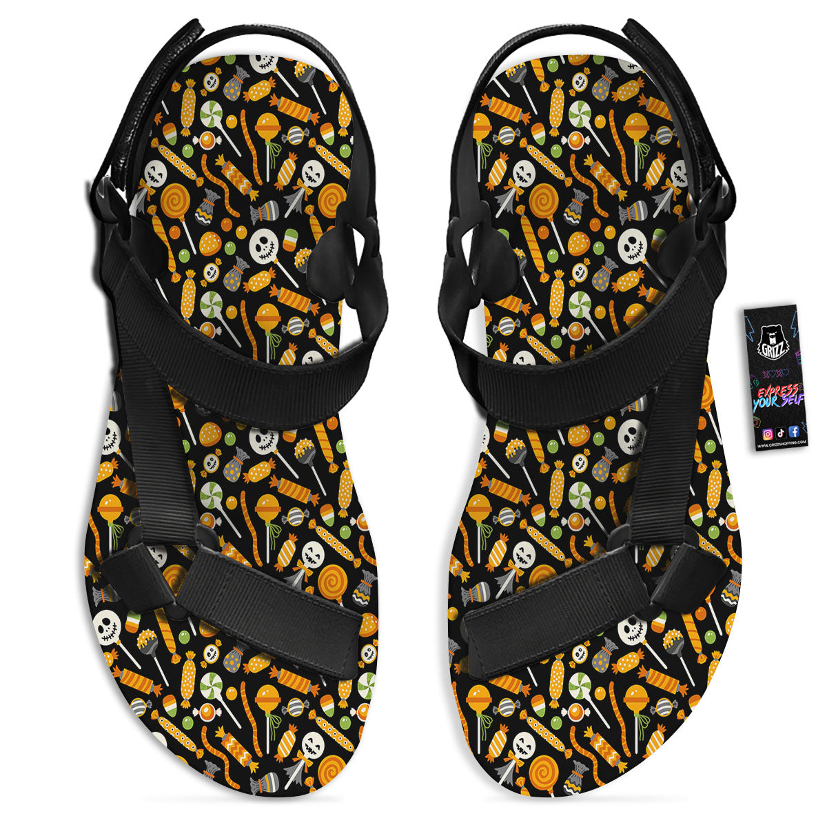 Candy Halloween Print Pattern Black Open Toe Sandals-grizzshop