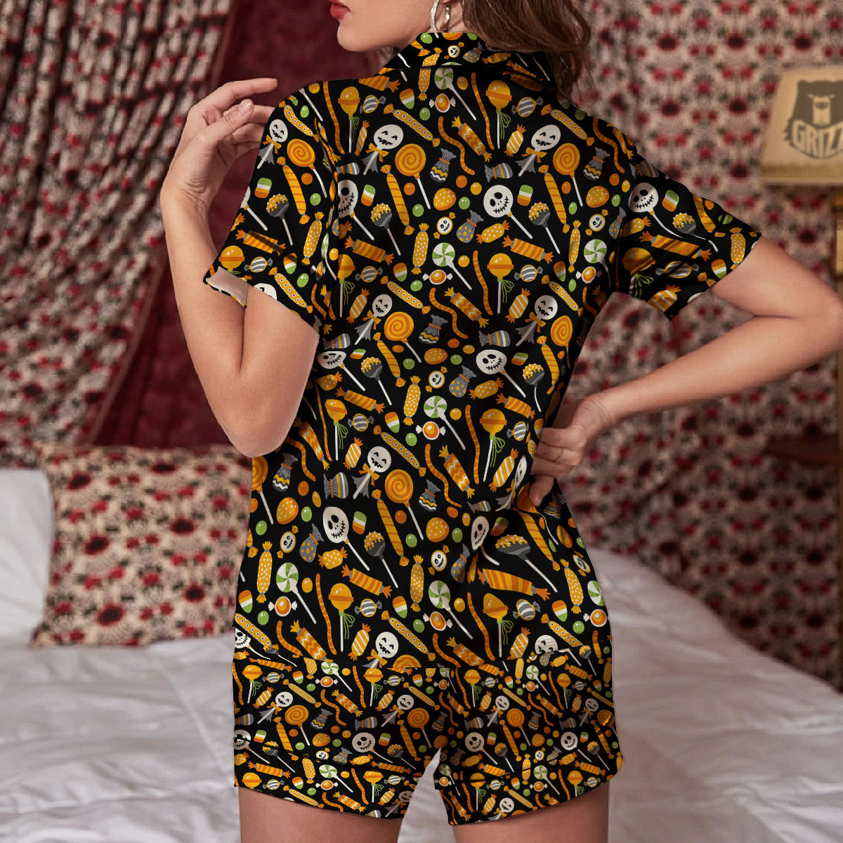 Candy Halloween Print Pattern Women Silk Pajamas-grizzshop