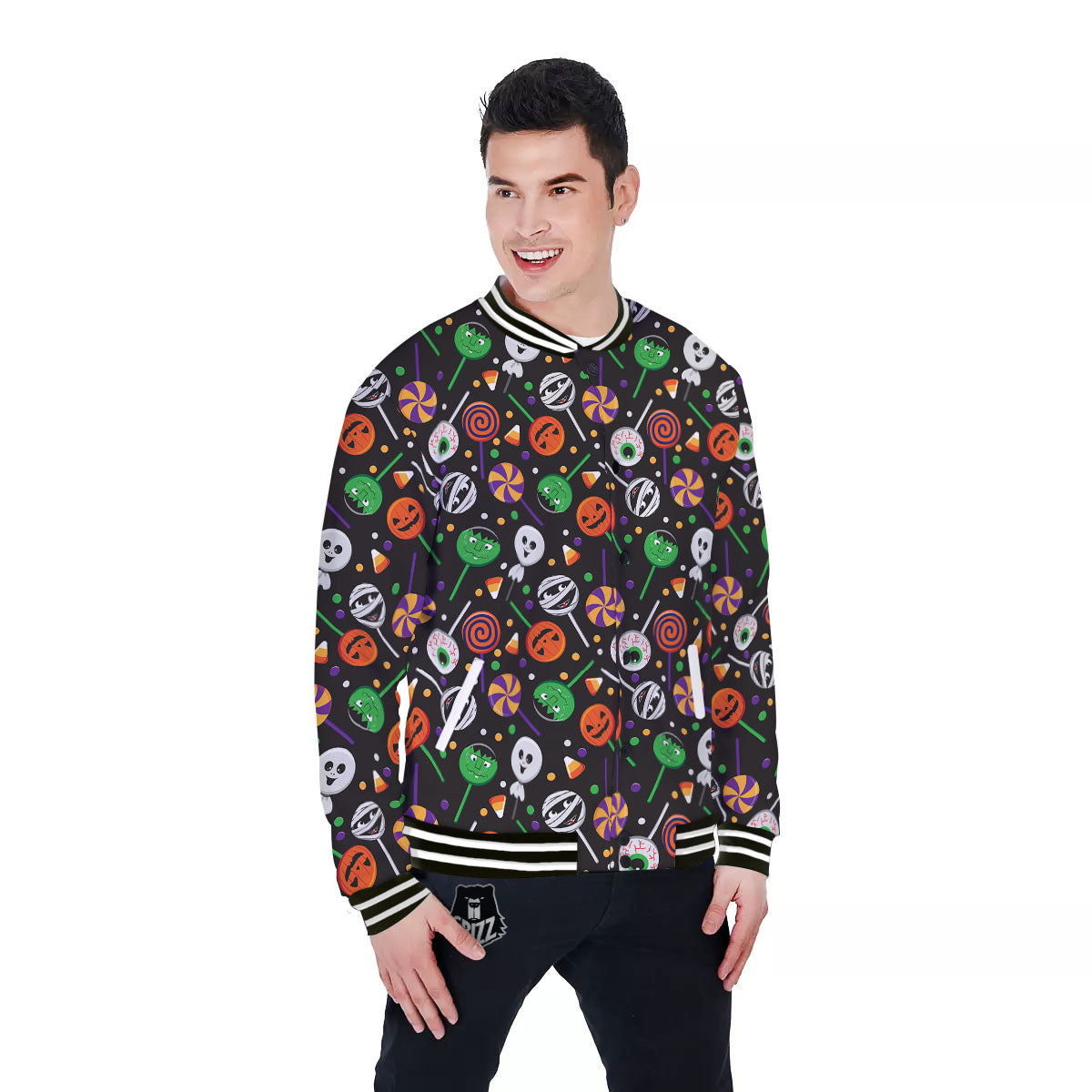 Candy Monsters Halloween Print Pattern Baseball Jacket-grizzshop