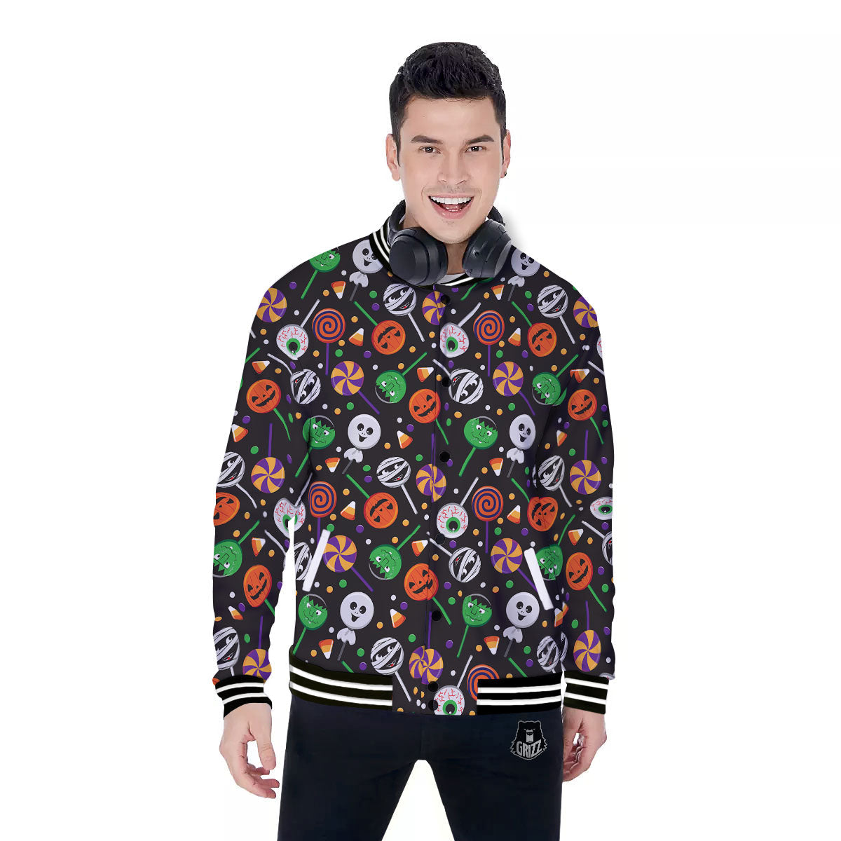 Candy Monsters Halloween Print Pattern Baseball Jacket-grizzshop