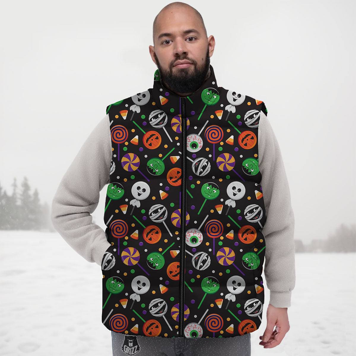 Candy Monsters Halloween Print Pattern Down Vest