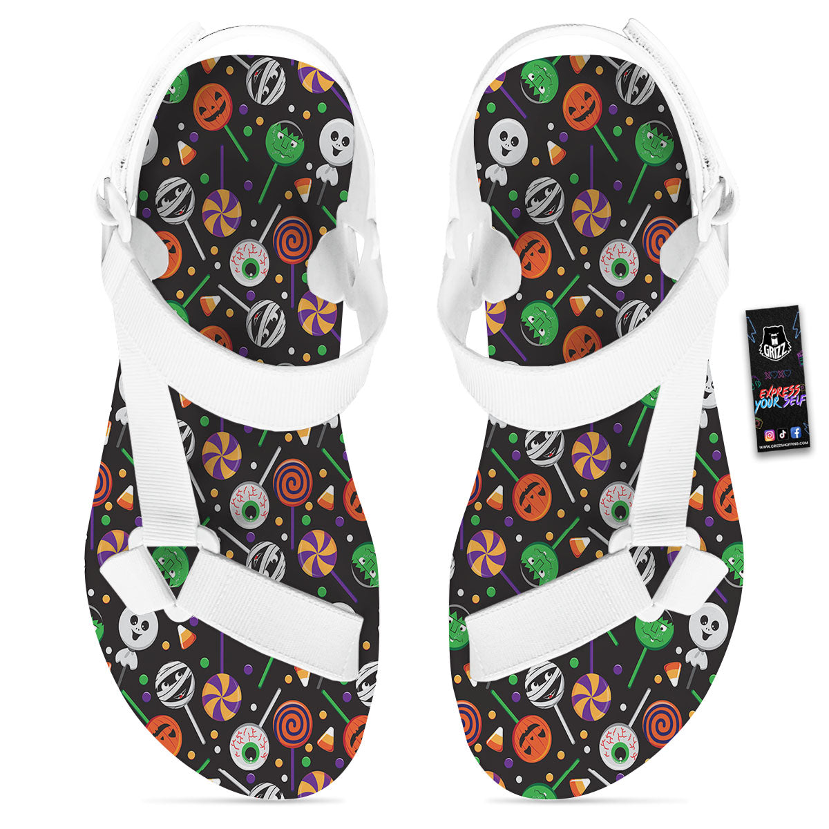 Candy Monsters Halloween Print Pattern White Open Toe Sandals-grizzshop