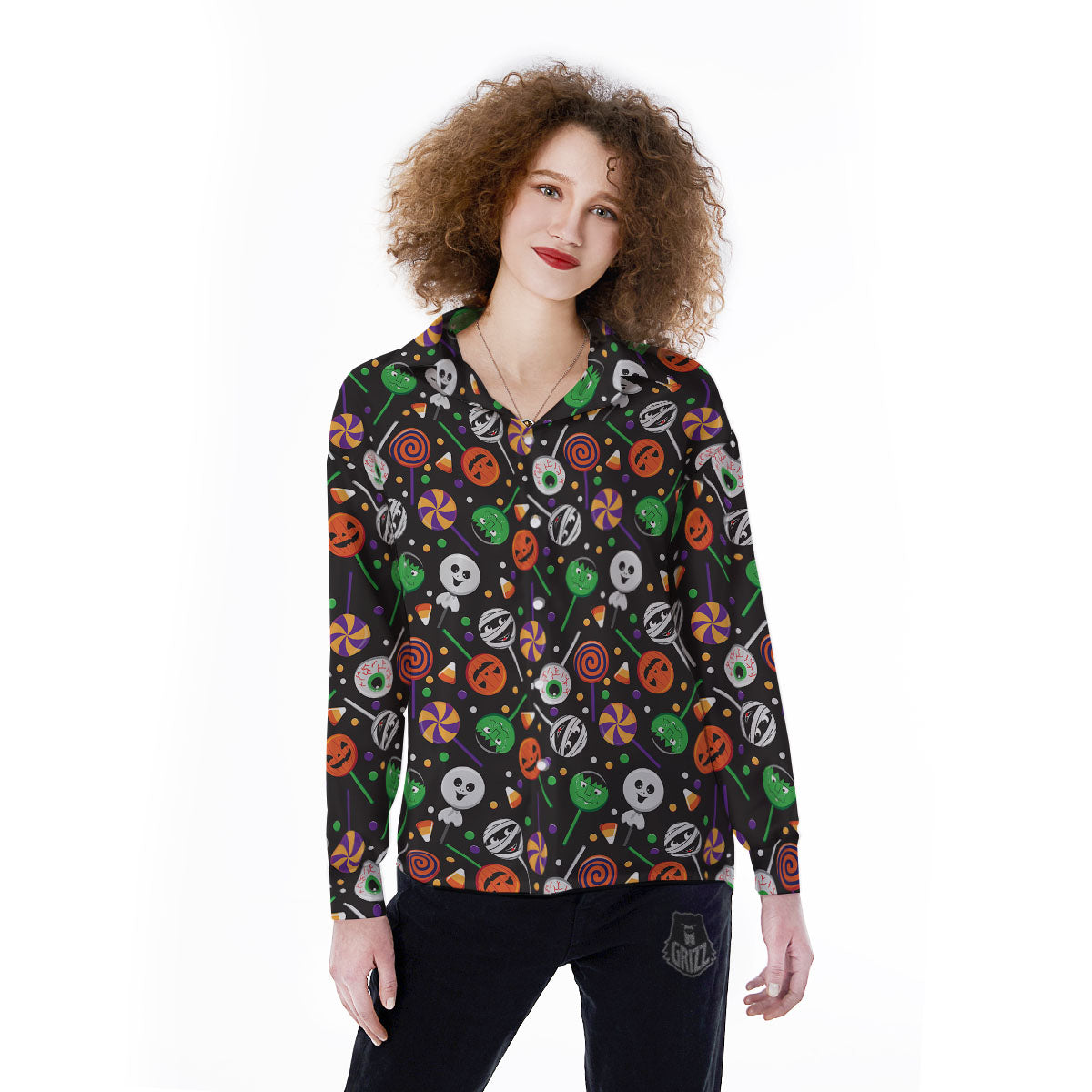Candy Monsters Halloween Print Pattern Women's Long Sleeve Shirts-grizzshop
