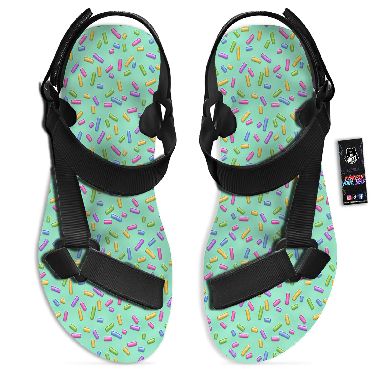 Candy Sprinkles Green Sweet Print Pattern Black Open Toe Sandals-grizzshop