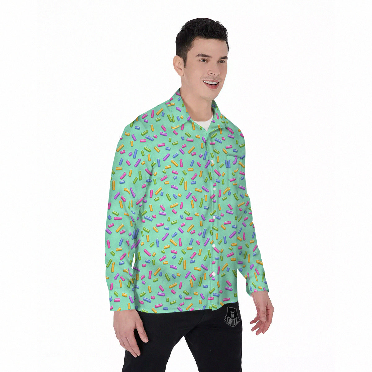 Candy Sprinkles Green Sweet Print Pattern Men's Long Sleeve Shirts-grizzshop