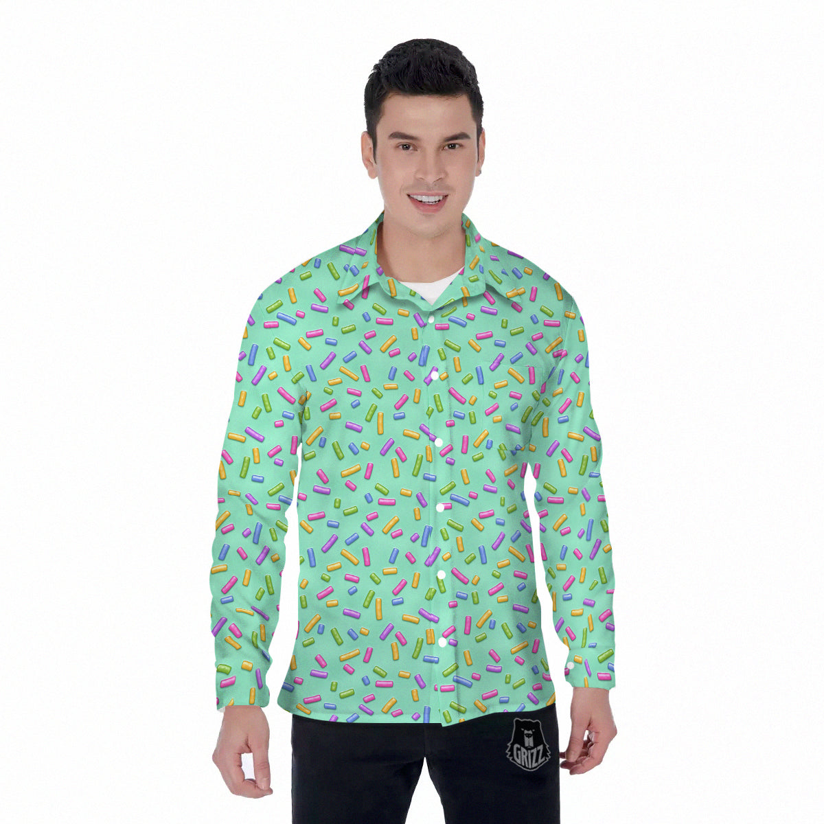 Candy Sprinkles Green Sweet Print Pattern Men's Long Sleeve Shirts-grizzshop