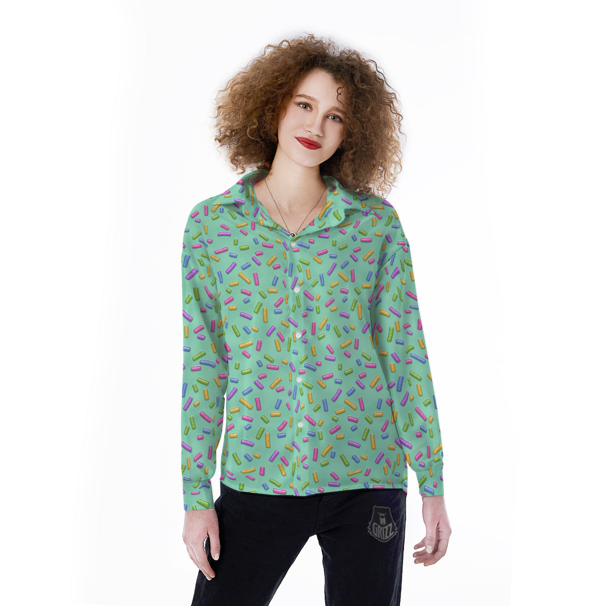 Candy Sprinkles Green Sweet Print Pattern Women's Long Sleeve Shirts-grizzshop