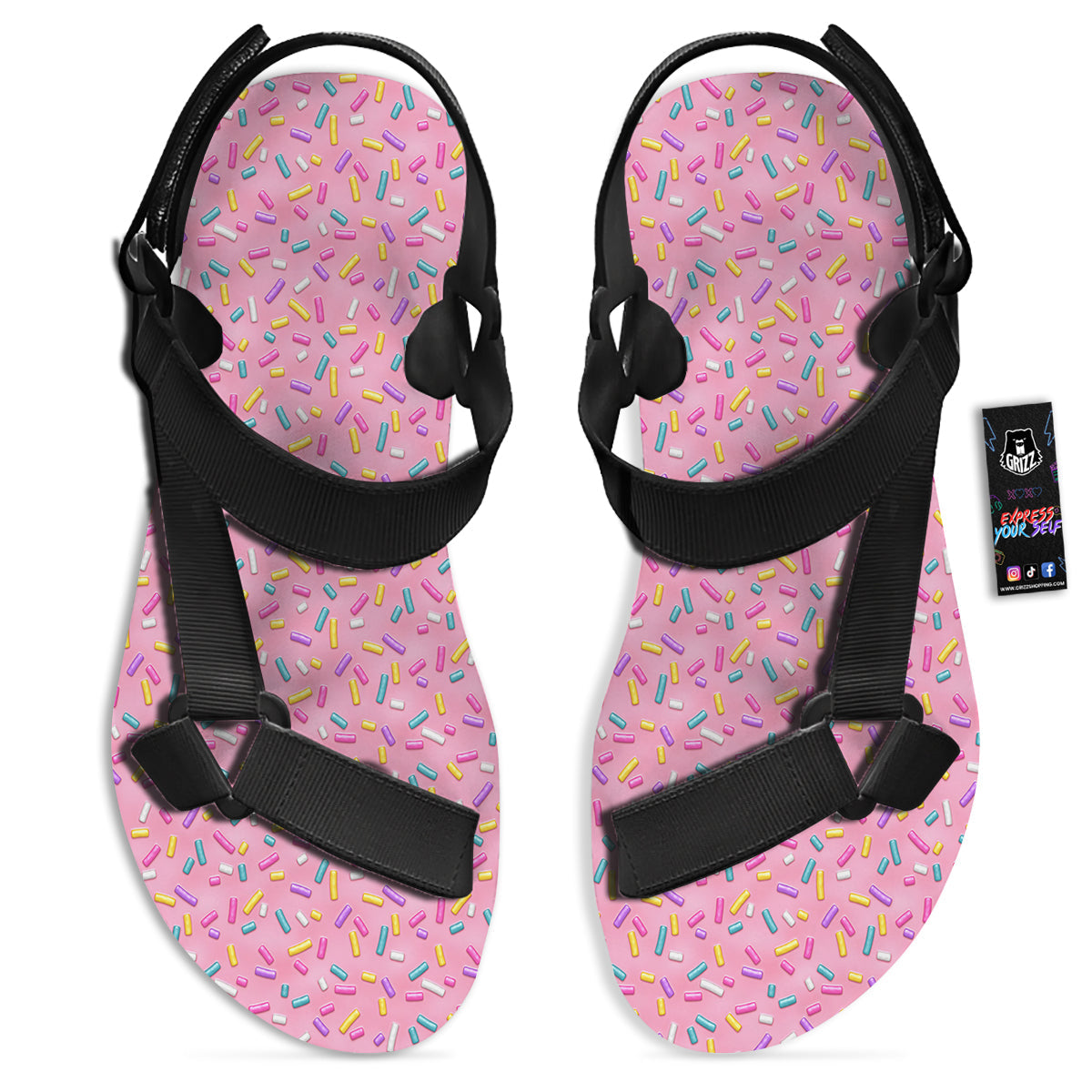 Candy Sprinkles Sweet Pink Print Pattern Black Open Toe Sandals-grizzshop